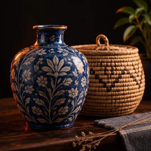 Hand-painted blue pottery vase beside a hand-woven basket