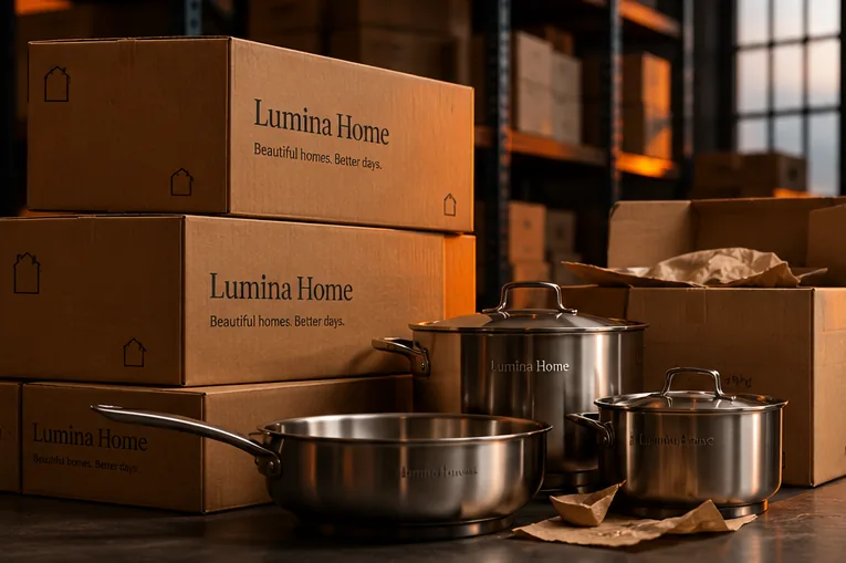 Branded shipping cartons and stainless-steel cookware stacked in a small warehouse