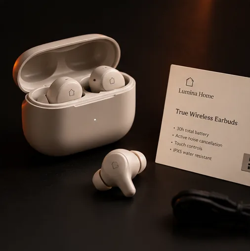 Wireless earbuds in an open charging case beside a printed spec card