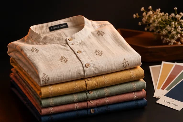 Folded cotton kurtas in five colours beside fabric colour swatches