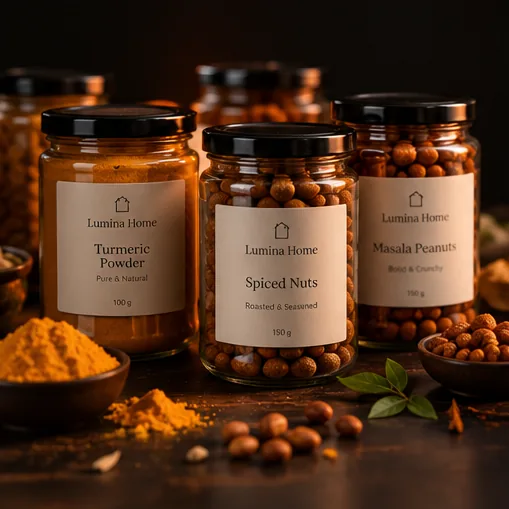 Glass jars of turmeric powder, spiced nuts, and masala peanuts with clean labels