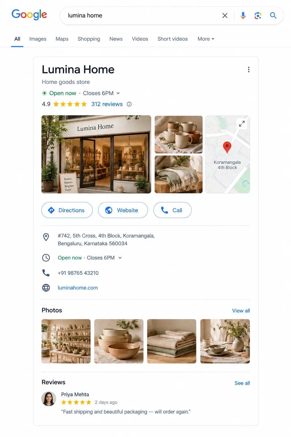 Google Business Profile panel with rating, hours, photos, and a customer review