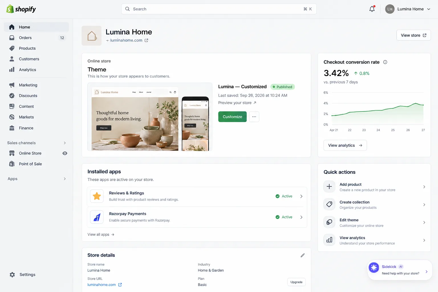 Shopify admin with theme, apps, and checkout conversion