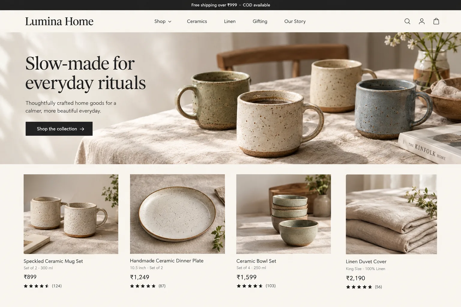 Storefront homepage with free-shipping and COD announcement bar, hero image, and product cards