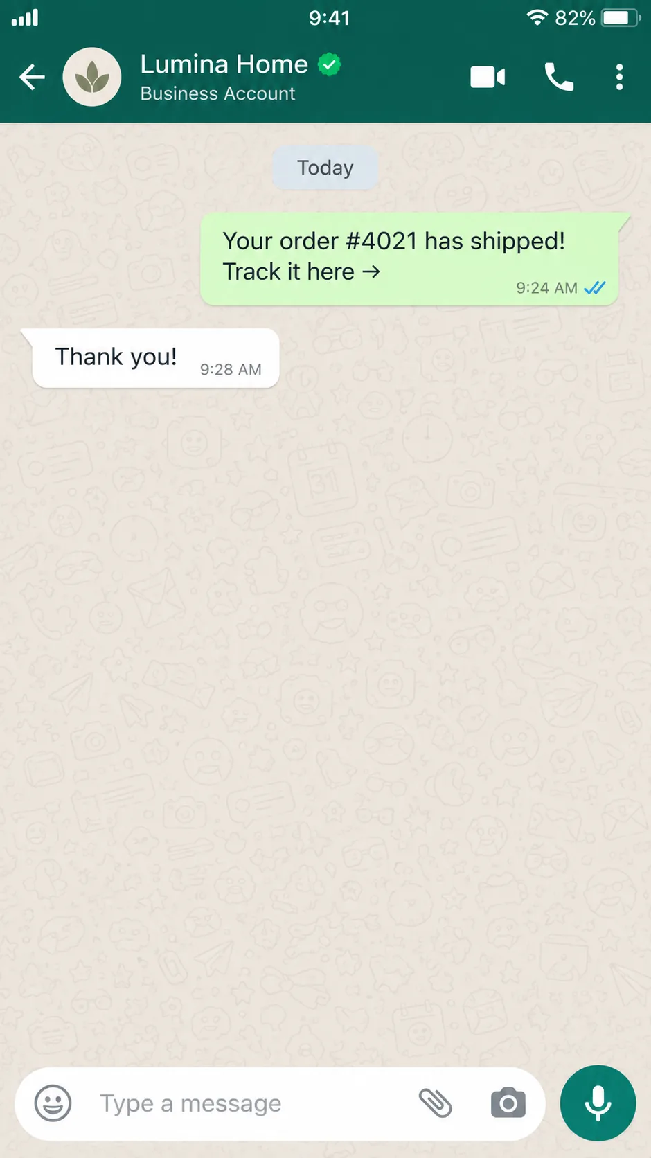 WhatsApp Business shipping update sent to a customer
